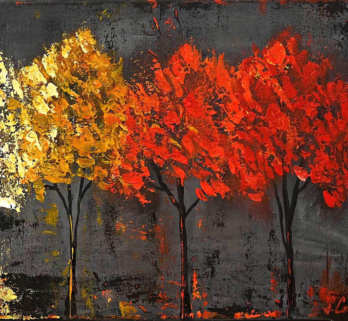 tablou copaci rosii, autumn trees painting